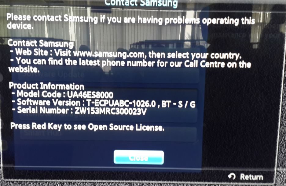 Samsung TV serial number found on menu of the TV